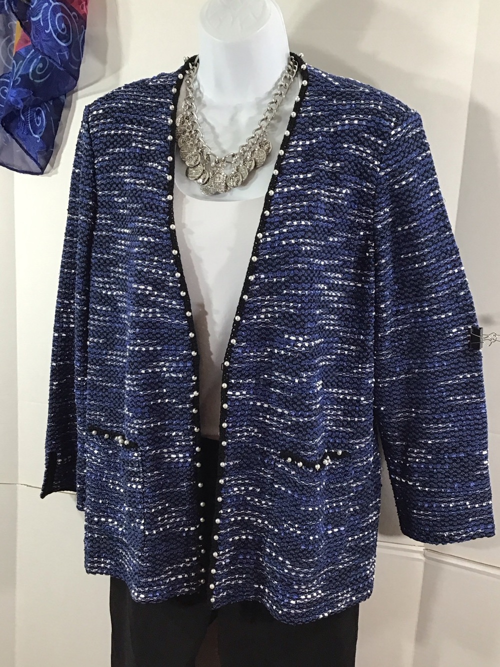 Ming Wang Navy Blue Tweed knit Open-Front sweater Jacket with Pearl Trim L